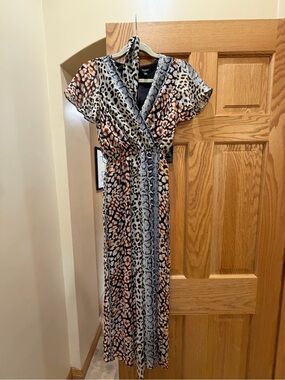 Express Animal & Snake Print Wrap Jumpsuit - Black, White, Brown, Orange